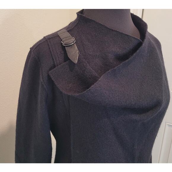 Eileen Fisher Moto Wrap Jacket Sweater – 100% Wool – Black Leather Trim – Medium - Picture 3 of 9